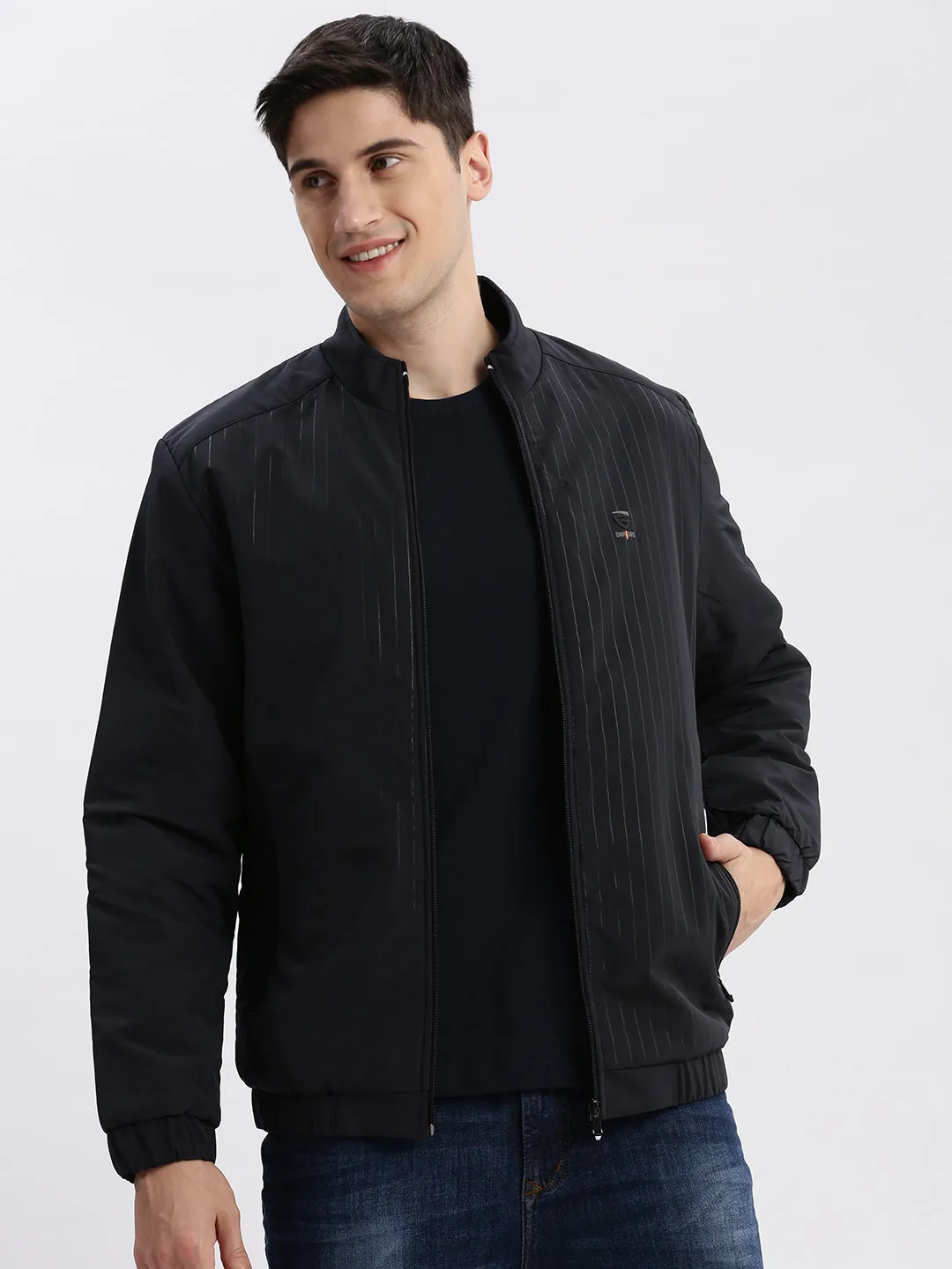 Men Navy Blue Rapid-Dry Striped Stand Collar Windcheater Bomber Jacket