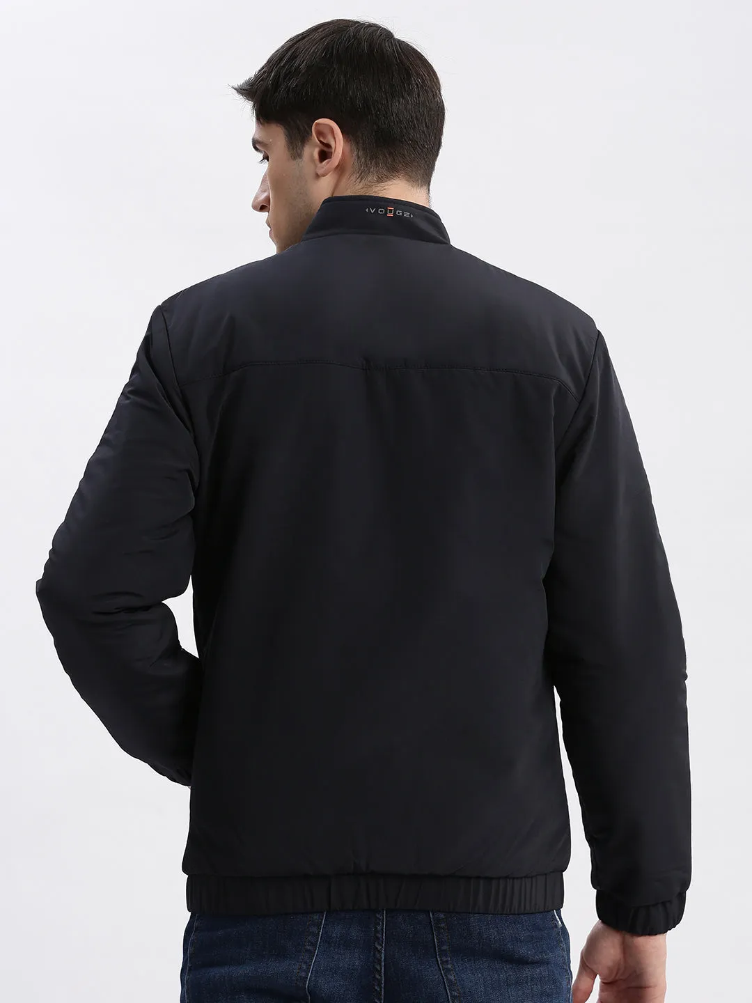 Men Navy Blue Rapid-Dry Striped Stand Collar Windcheater Bomber Jacket