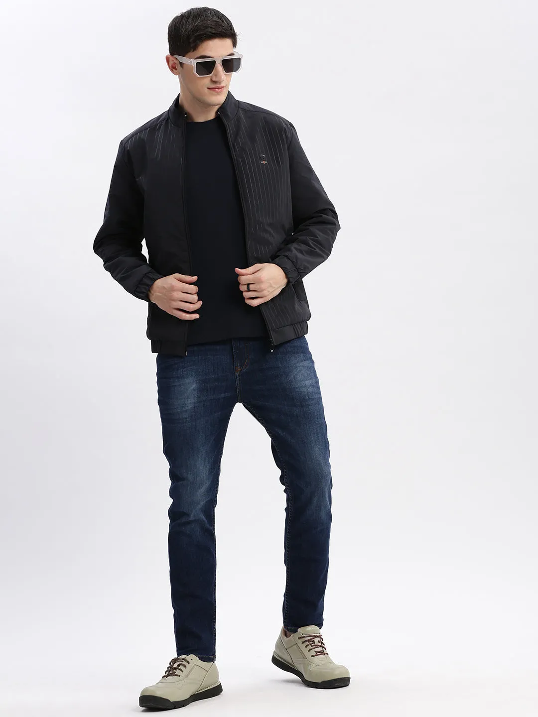 Men Navy Blue Rapid-Dry Striped Stand Collar Windcheater Bomber Jacket