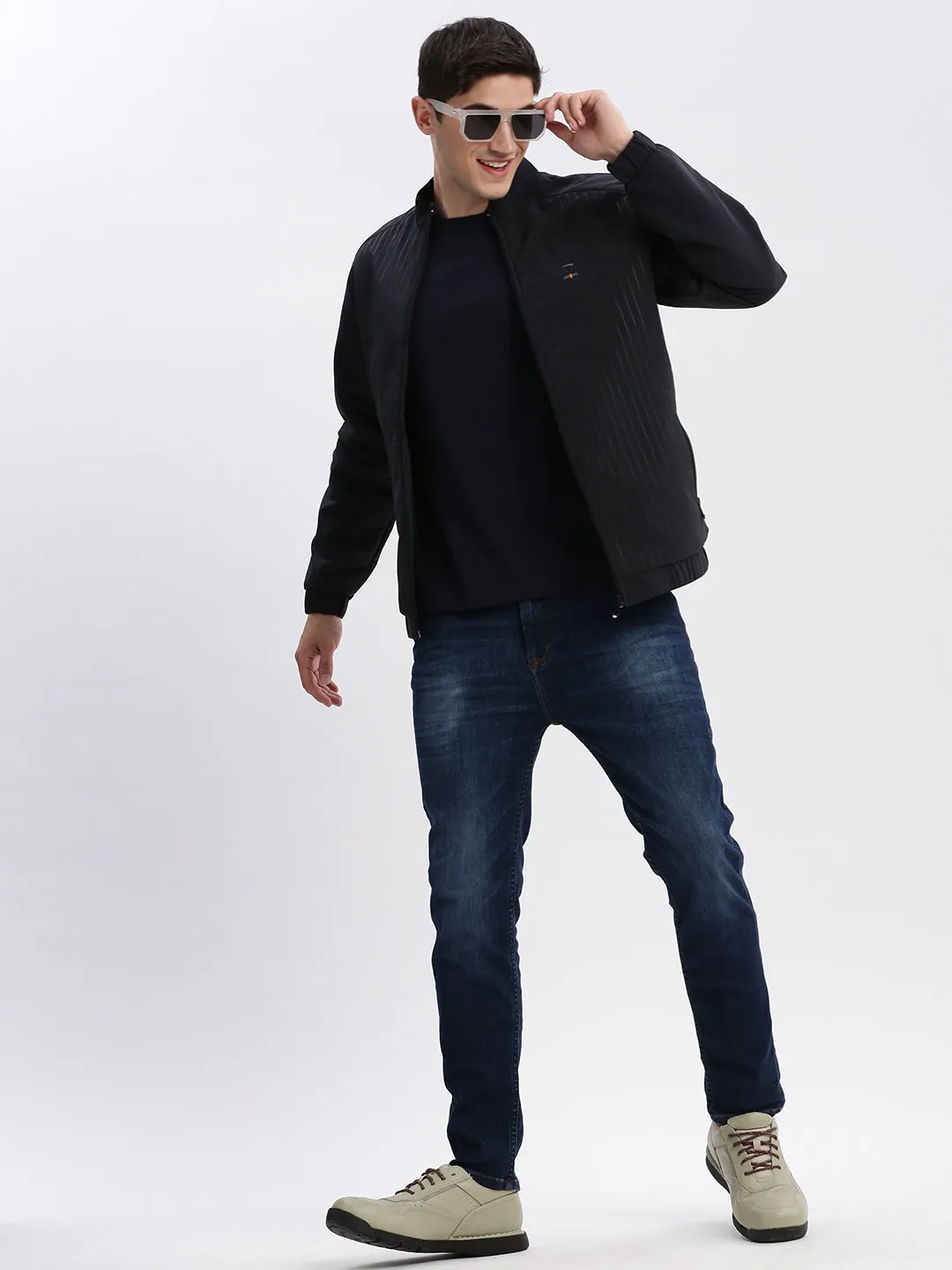 Men Navy Blue Rapid-Dry Striped Stand Collar Windcheater Bomber Jacket