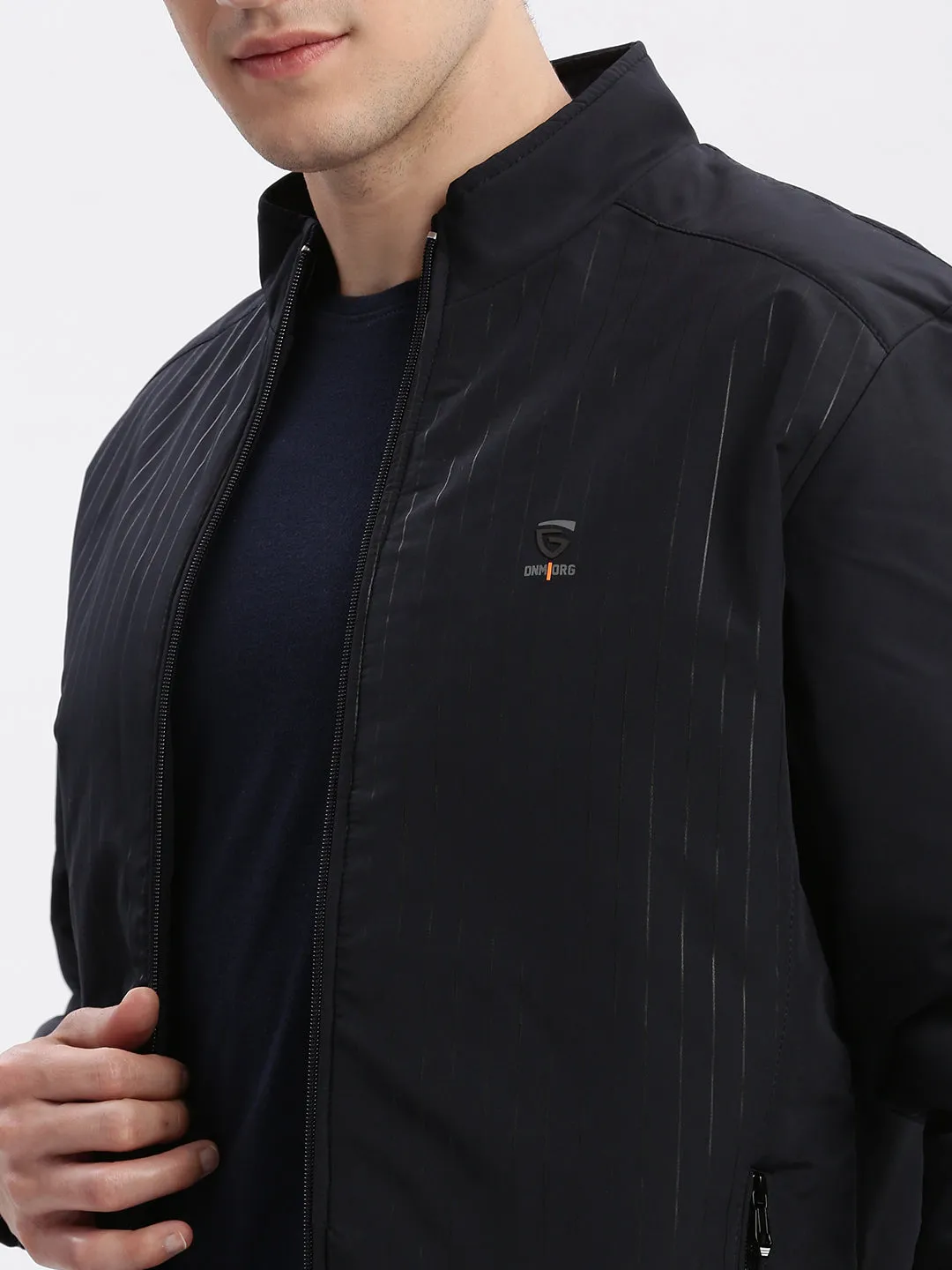 Men Navy Blue Rapid-Dry Striped Stand Collar Windcheater Bomber Jacket