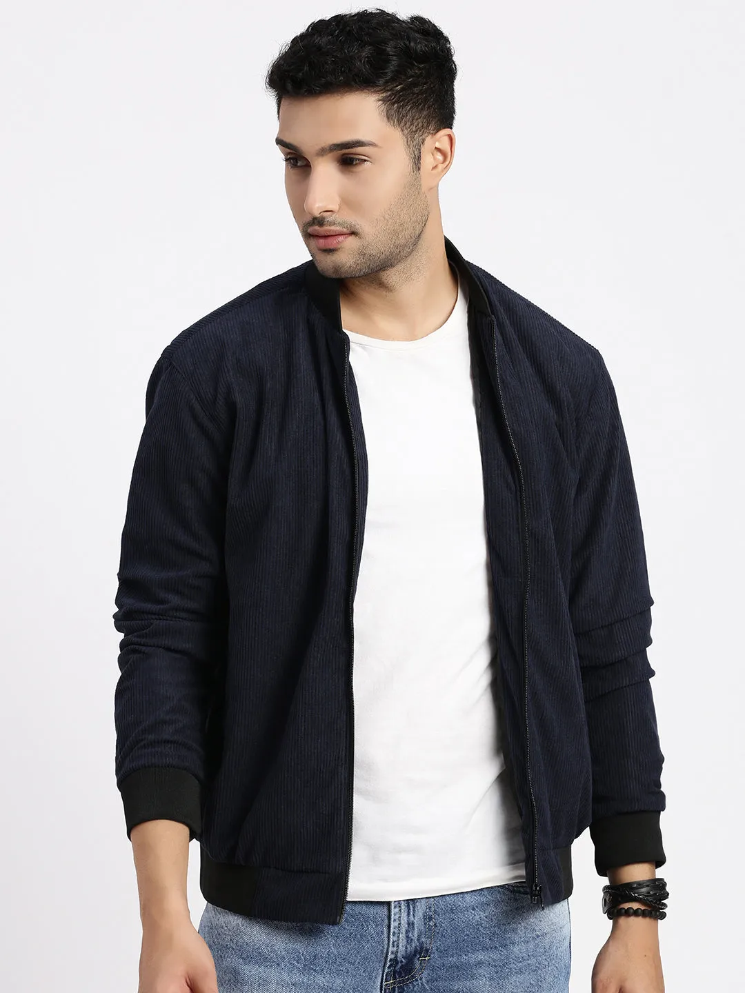Men Navy Blue Self Design Corduroy Bomber Jacket