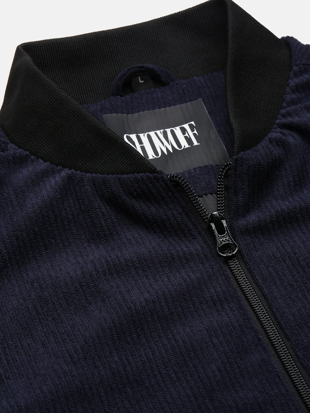 Men Navy Blue Self Design Corduroy Bomber Jacket