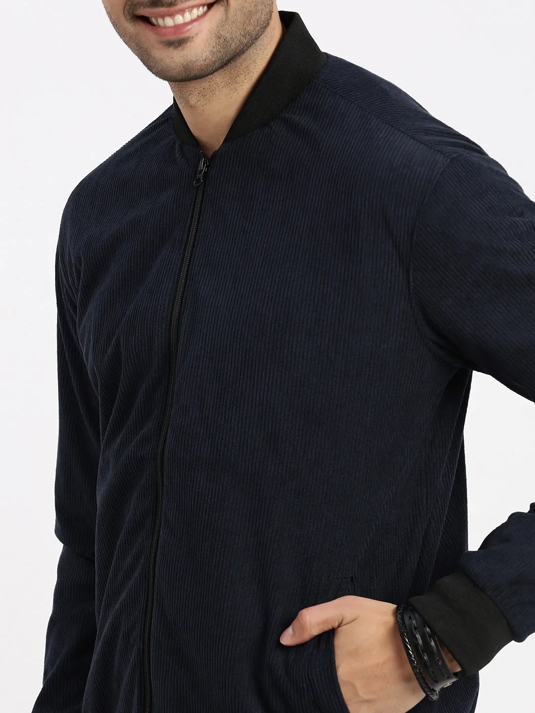 Men Navy Blue Self Design Corduroy Bomber Jacket