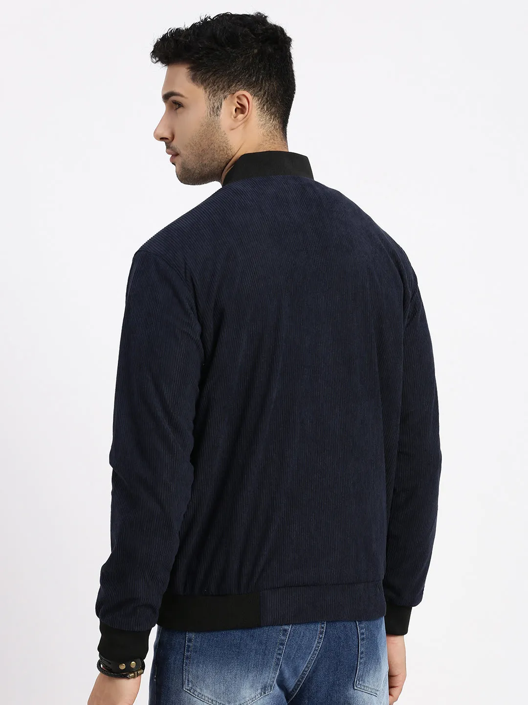 Men Navy Blue Self Design Corduroy Bomber Jacket