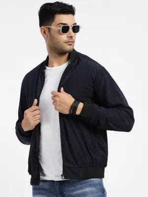 Men Navy Blue Self Design Corduroy Bomber Jacket
