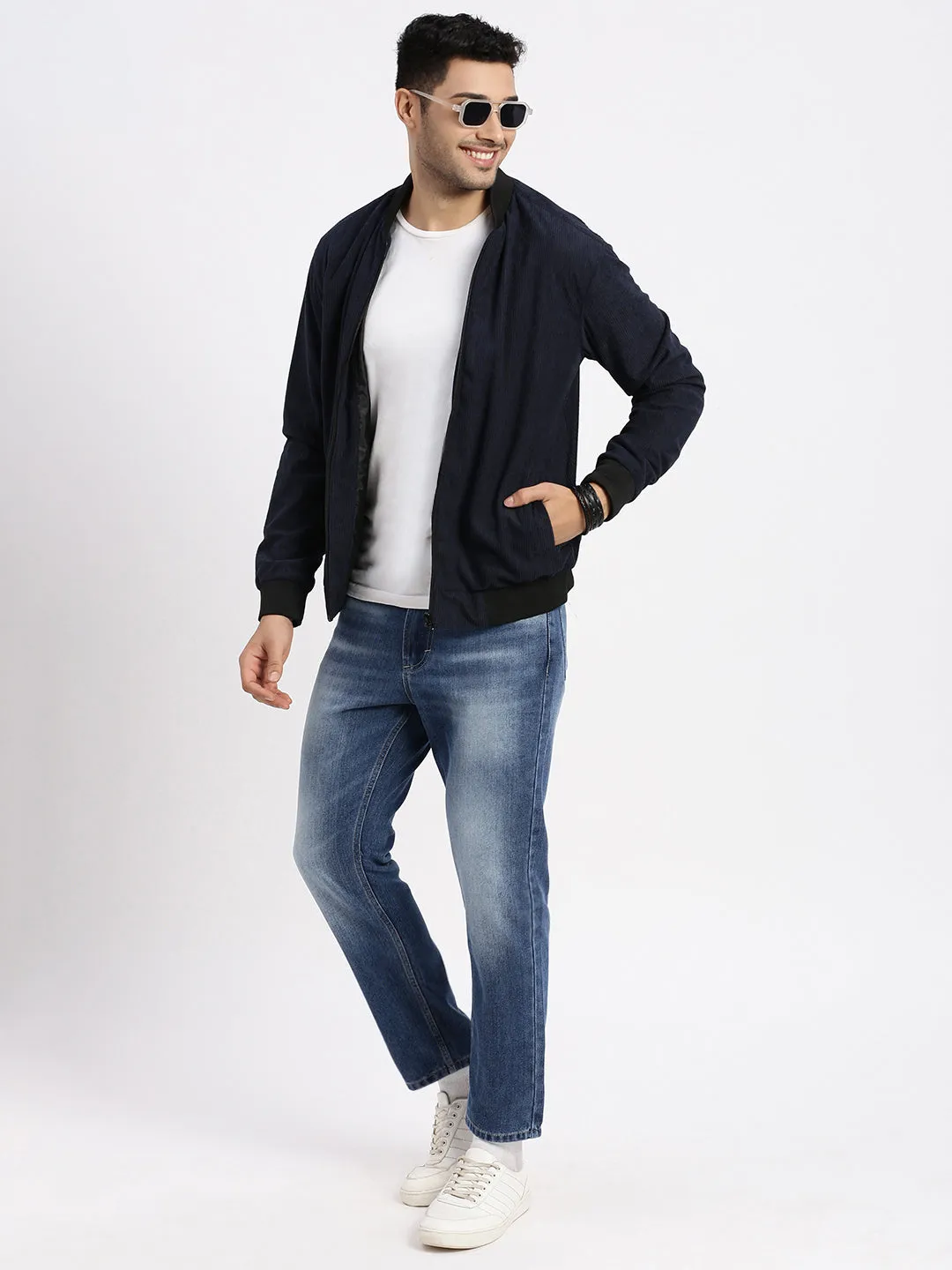 Men Navy Blue Self Design Corduroy Bomber Jacket