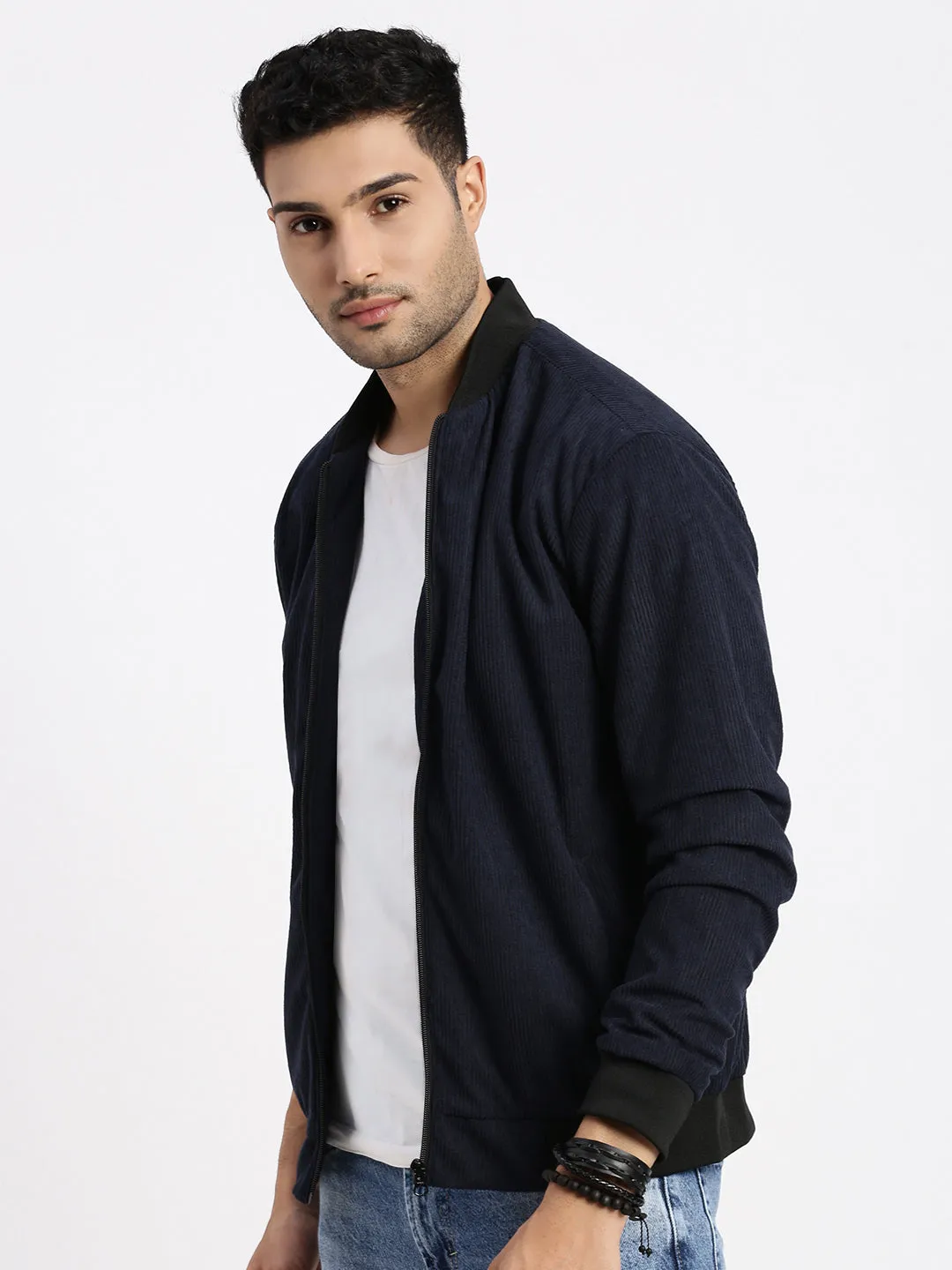 Men Navy Blue Self Design Corduroy Bomber Jacket