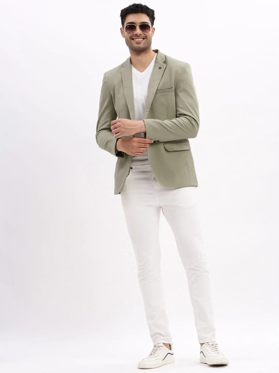 Men Sea Green Single Breasted Notched Lapel Collar Casual Blazer