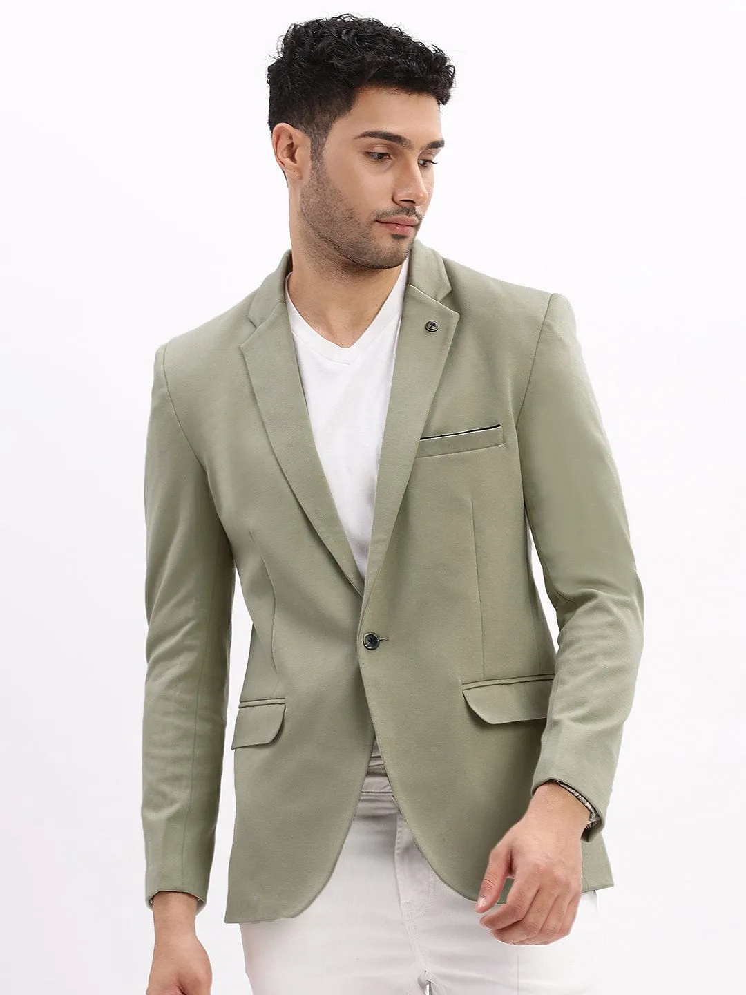 Men Sea Green Single Breasted Notched Lapel Collar Casual Blazer