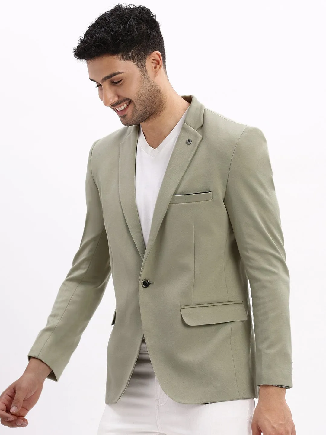 Men Sea Green Single Breasted Notched Lapel Collar Casual Blazer