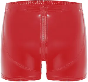 Mens Glossy Leather Zipper Button Openable Crotch Booty Shorts Pants Boxer Briefs Knickers Underwear