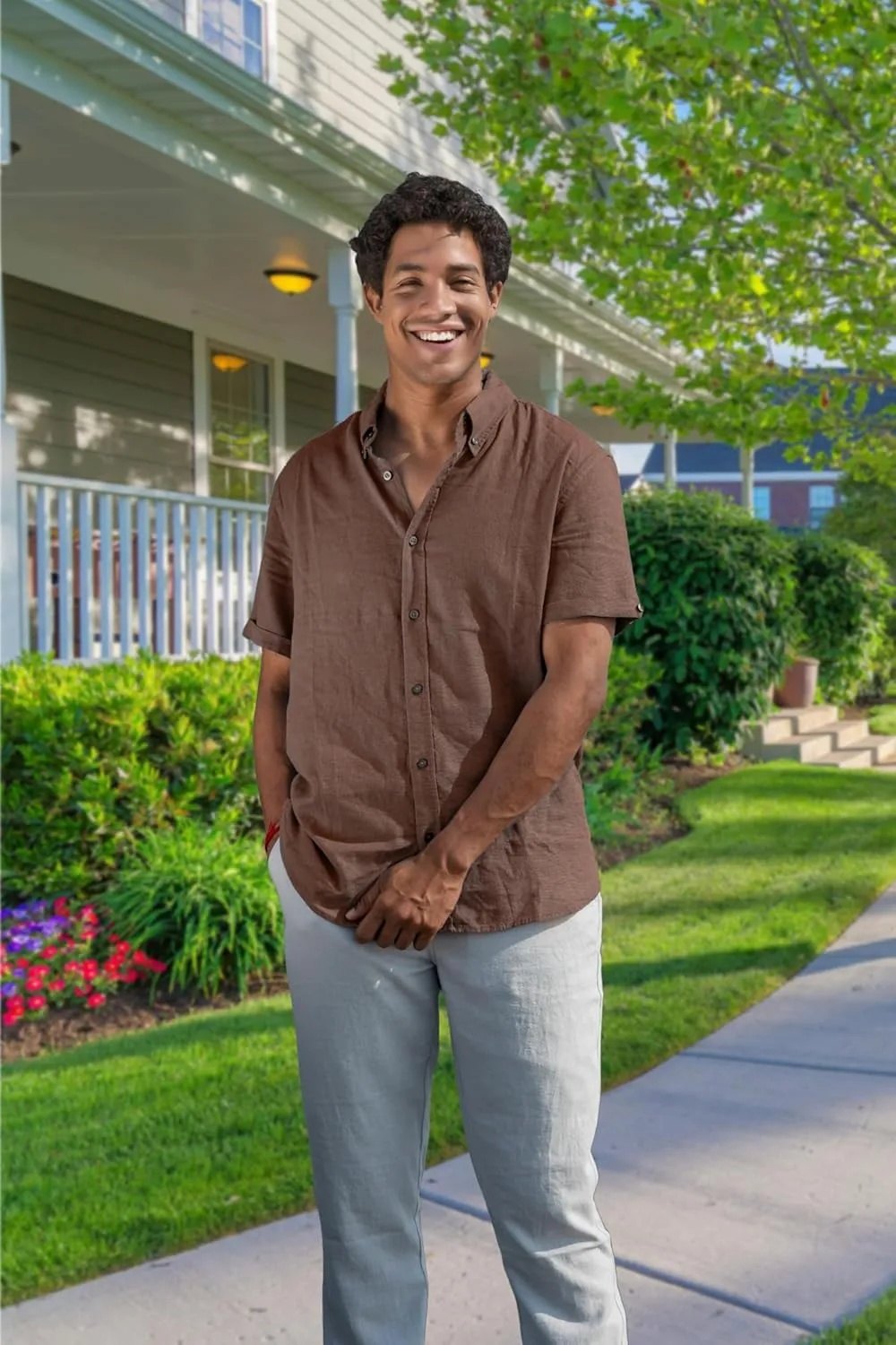 Men’s Linen Blend Short Sleeve Casual Shirt for Vacation, Holiday, Casual Party, Lightweight Button Down Shirt