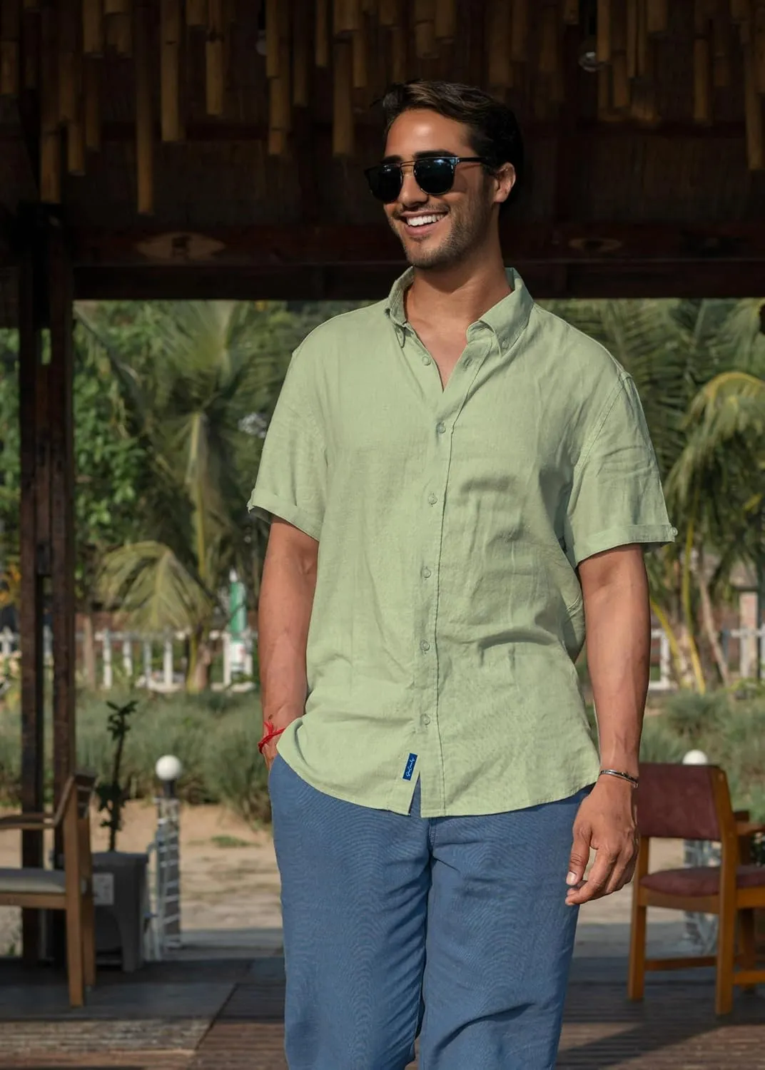 Men’s Linen Blend Short Sleeve Casual Shirt for Vacation, Holiday, Casual Party, Lightweight Button Down Shirt