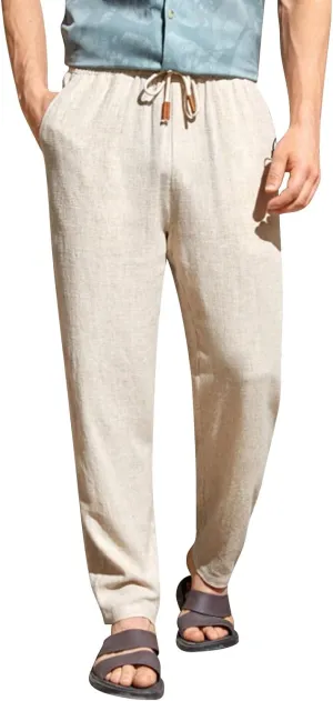 Mens Linen Pants Big Tall Casual Classic Summer Beach Pants Lightweight Breathable Flat Front Trouser with Pockets
