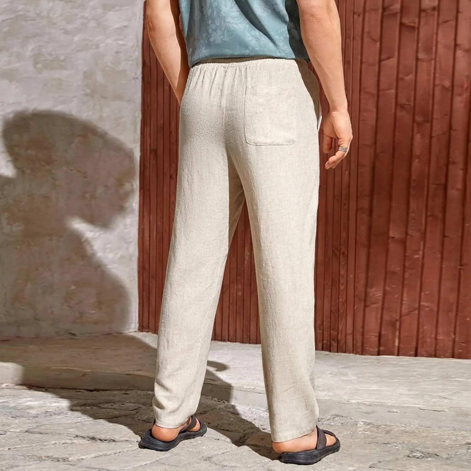 Mens Linen Pants Big Tall Casual Classic Summer Beach Pants Lightweight Breathable Flat Front Trouser with Pockets