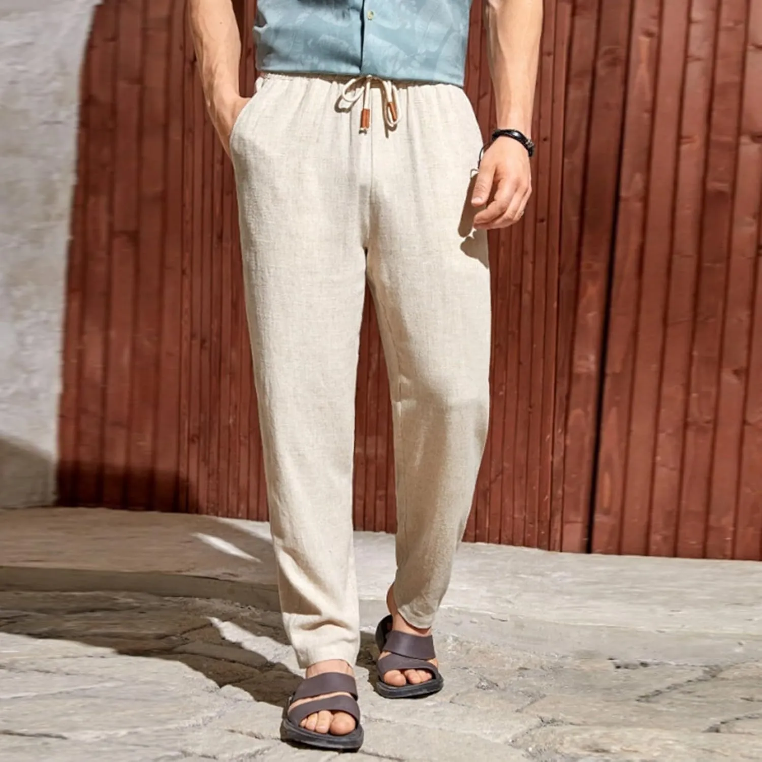 Mens Linen Pants Big Tall Casual Classic Summer Beach Pants Lightweight Breathable Flat Front Trouser with Pockets