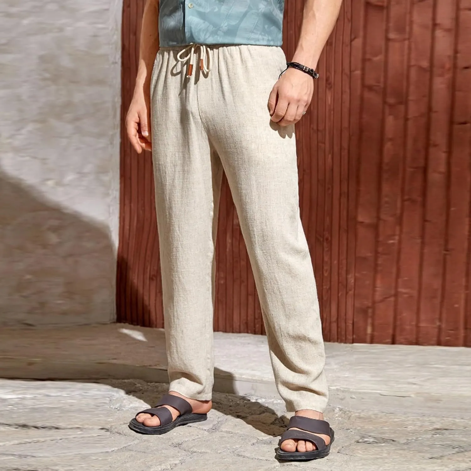 Mens Linen Pants Big Tall Casual Classic Summer Beach Pants Lightweight Breathable Flat Front Trouser with Pockets