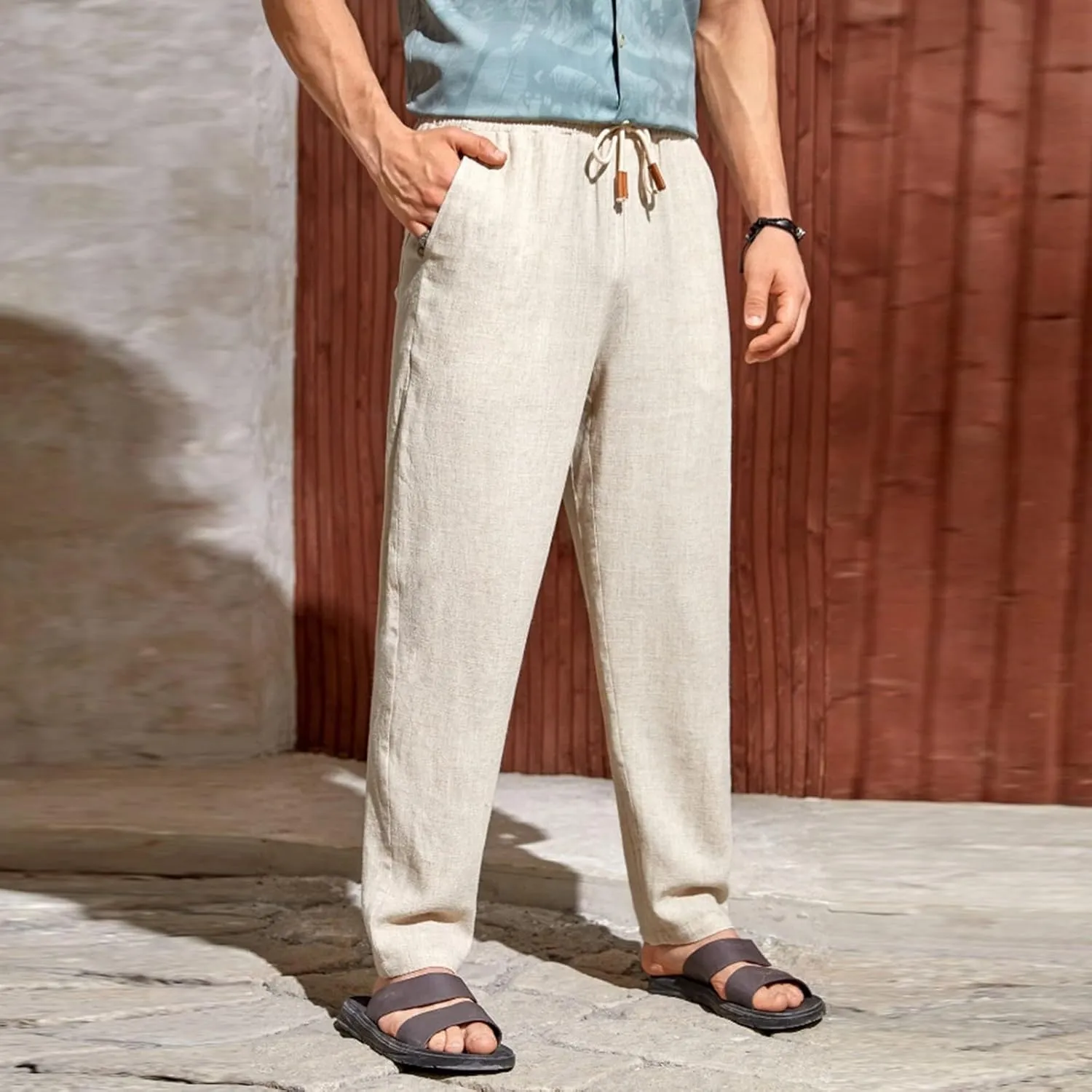 Mens Linen Pants Big Tall Casual Classic Summer Beach Pants Lightweight Breathable Flat Front Trouser with Pockets