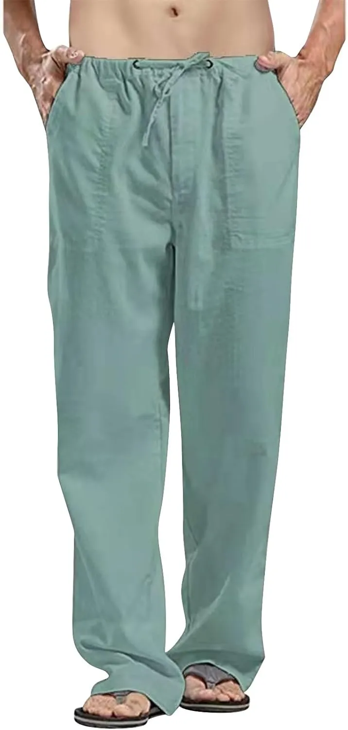 Mens Linen Pants Slim Fit Casual Elastic Waist Summer Beach Pants Lightweight Breathable Yoga Vacation Trousers