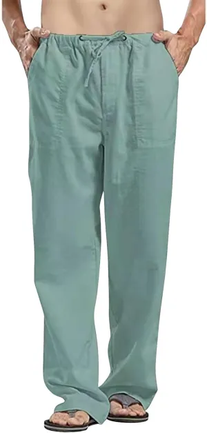Mens Linen Pants Slim Fit Casual Elastic Waist Summer Beach Pants Lightweight Breathable Yoga Vacation Trousers