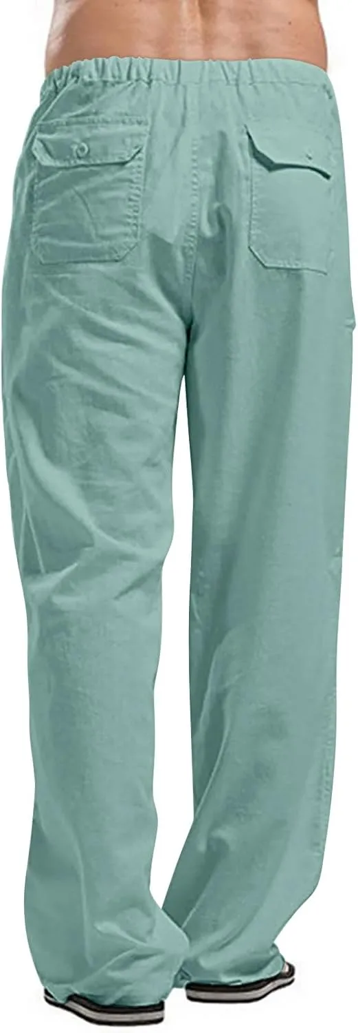 Mens Linen Pants Slim Fit Casual Elastic Waist Summer Beach Pants Lightweight Breathable Yoga Vacation Trousers