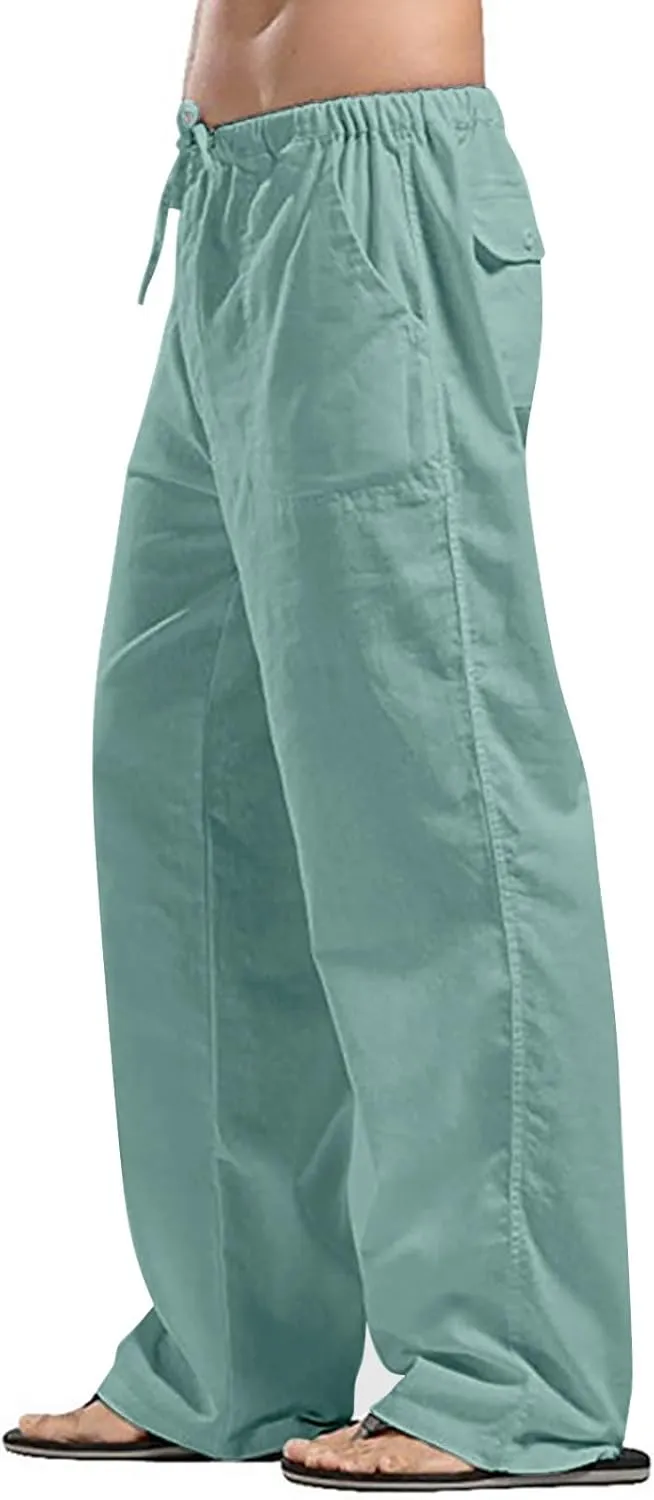 Mens Linen Pants Slim Fit Casual Elastic Waist Summer Beach Pants Lightweight Breathable Yoga Vacation Trousers