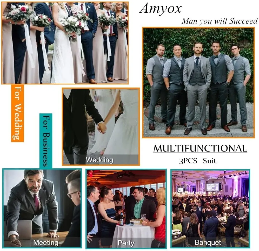Men's Slim Fit 3 Piece Suit Two Button Business Wedding Dress Tux Suit Set Jacket Vest Pants with Tie
