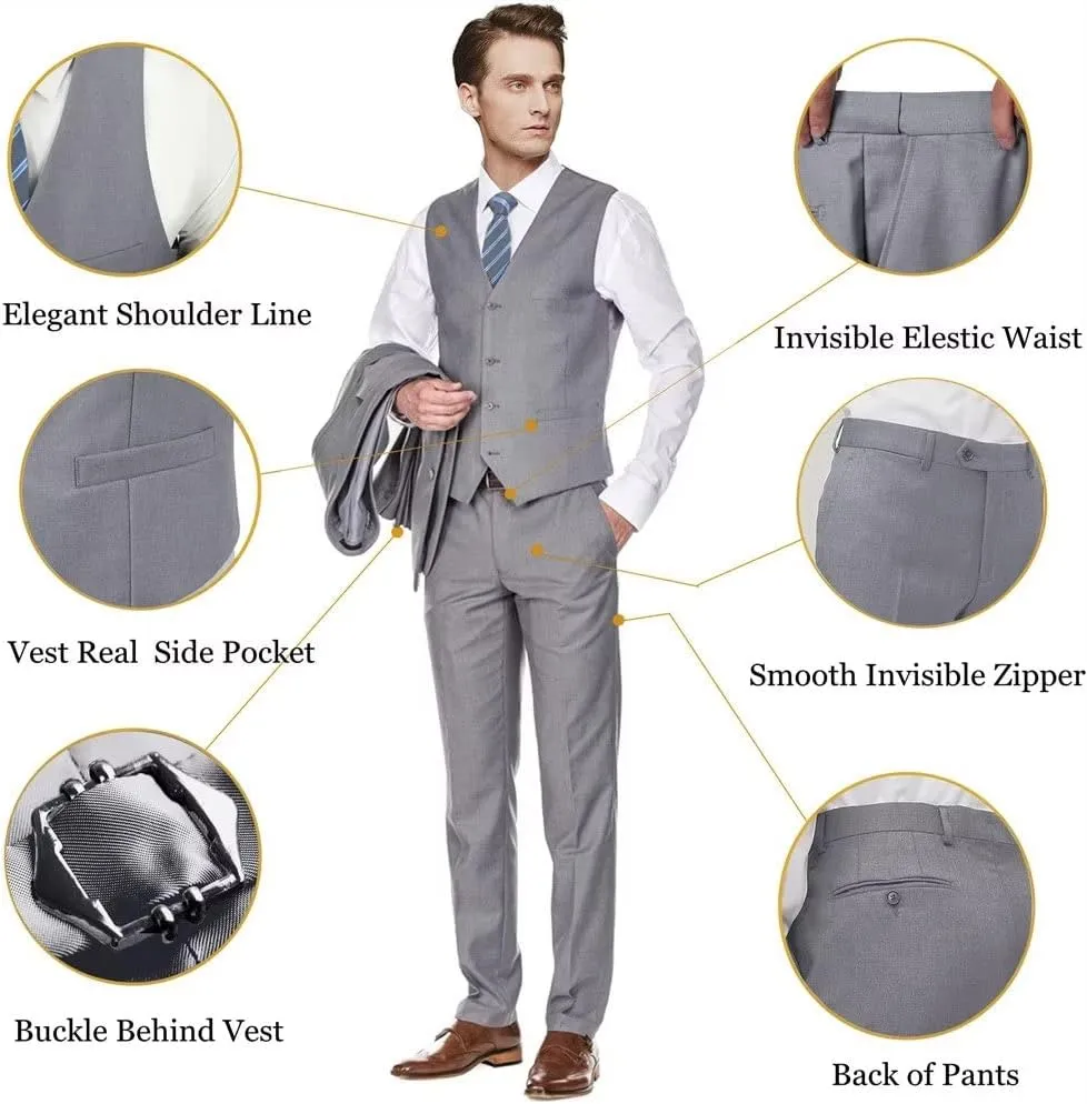 Men's Slim Fit 3 Piece Suit Two Button Business Wedding Dress Tux Suit Set Jacket Vest Pants with Tie
