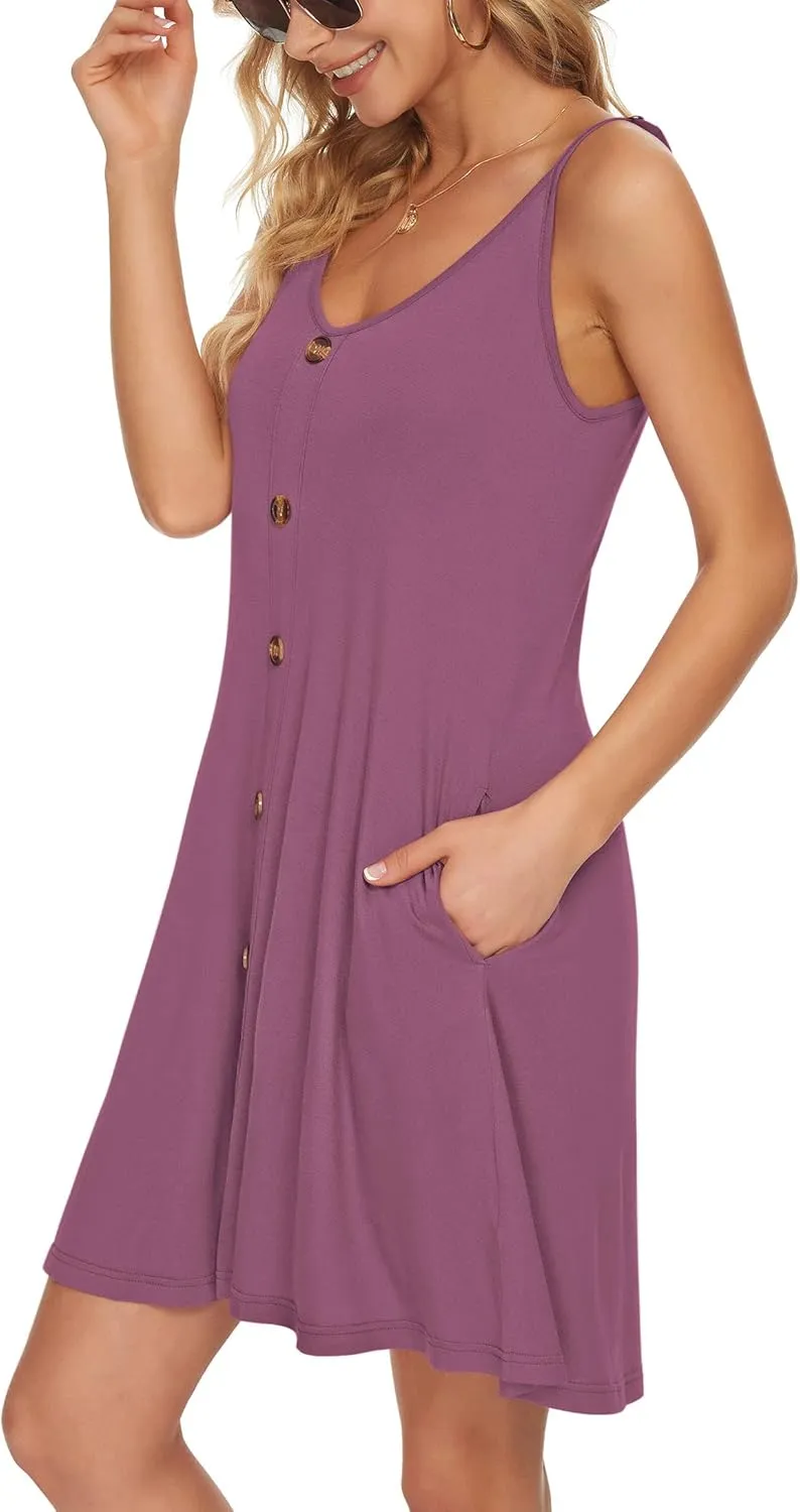 MISFAY Women Summer Spaghetti Strap Button Down V Neck Sleeveless Causal Beach Cover Up Dress with Pockets