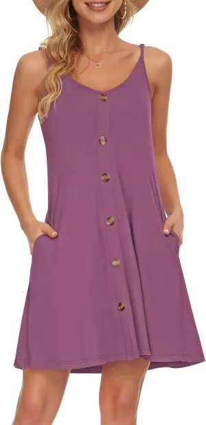 MISFAY Women Summer Spaghetti Strap Button Down V Neck Sleeveless Causal Beach Cover Up Dress with Pockets
