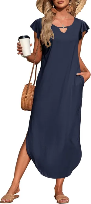 MISFAY Women's Summer Maxi Dress Ruffle Sleeve Long Beach Split Dresses with Pockets