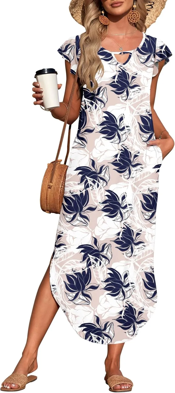 MISFAY Women's Summer Maxi Dress Ruffle Sleeve Long Beach Split Dresses with Pockets