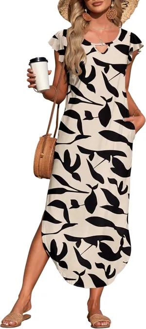 MISFAY Women's Summer Maxi Dress Ruffle Sleeve Long Beach Split Dresses with Pockets