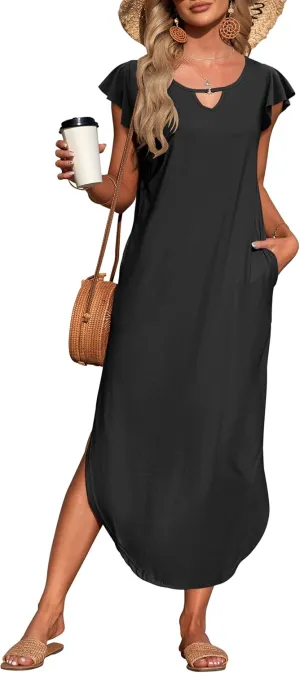 MISFAY Women's Summer Maxi Dress Ruffle Sleeve Long Beach Split Dresses with Pockets