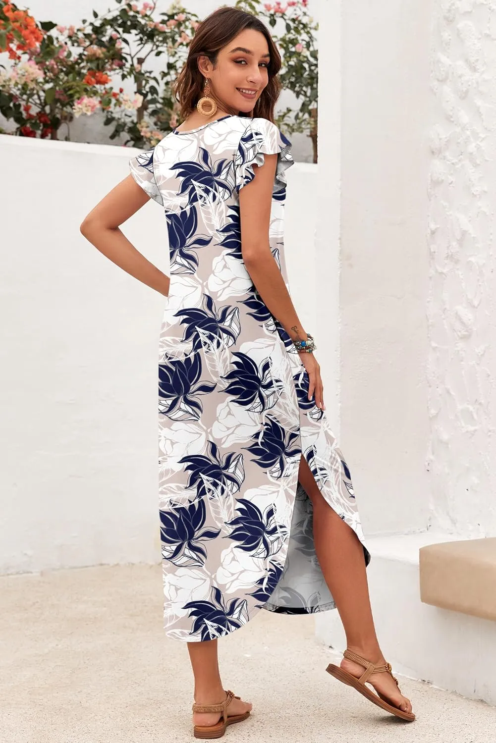 MISFAY Women's Summer Maxi Dress Ruffle Sleeve Long Beach Split Dresses with Pockets