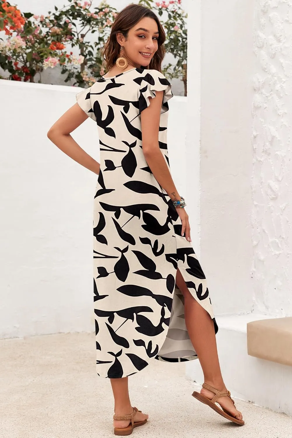 MISFAY Women's Summer Maxi Dress Ruffle Sleeve Long Beach Split Dresses with Pockets