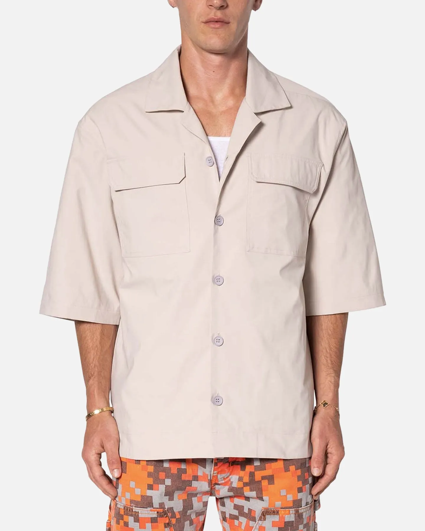 MNML Lined Woven Nylon Button Up Shirt Stone