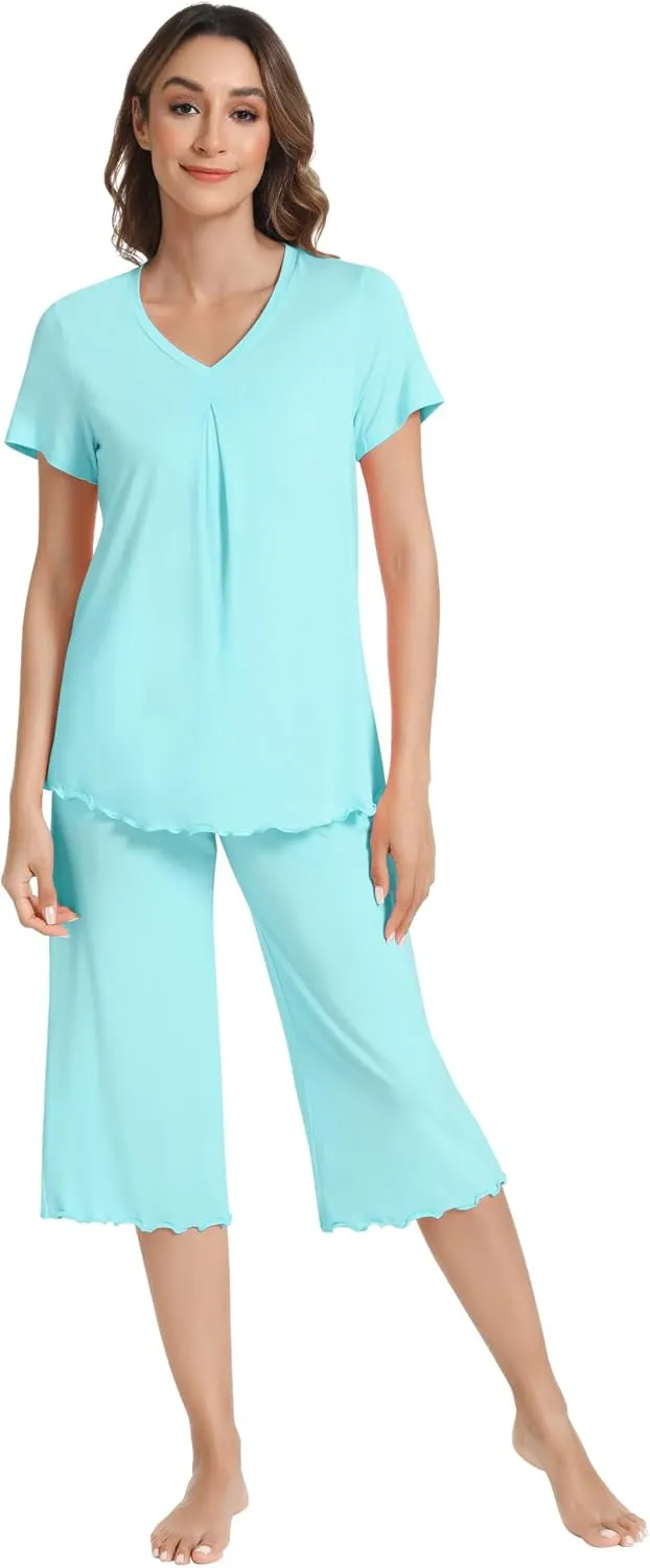 NACHILA Pajamas Set for Women-Viscose Made from Bamboo, Short Sleeve Sleepwear with Capri Pants Pajama V Neck Cool Pjs