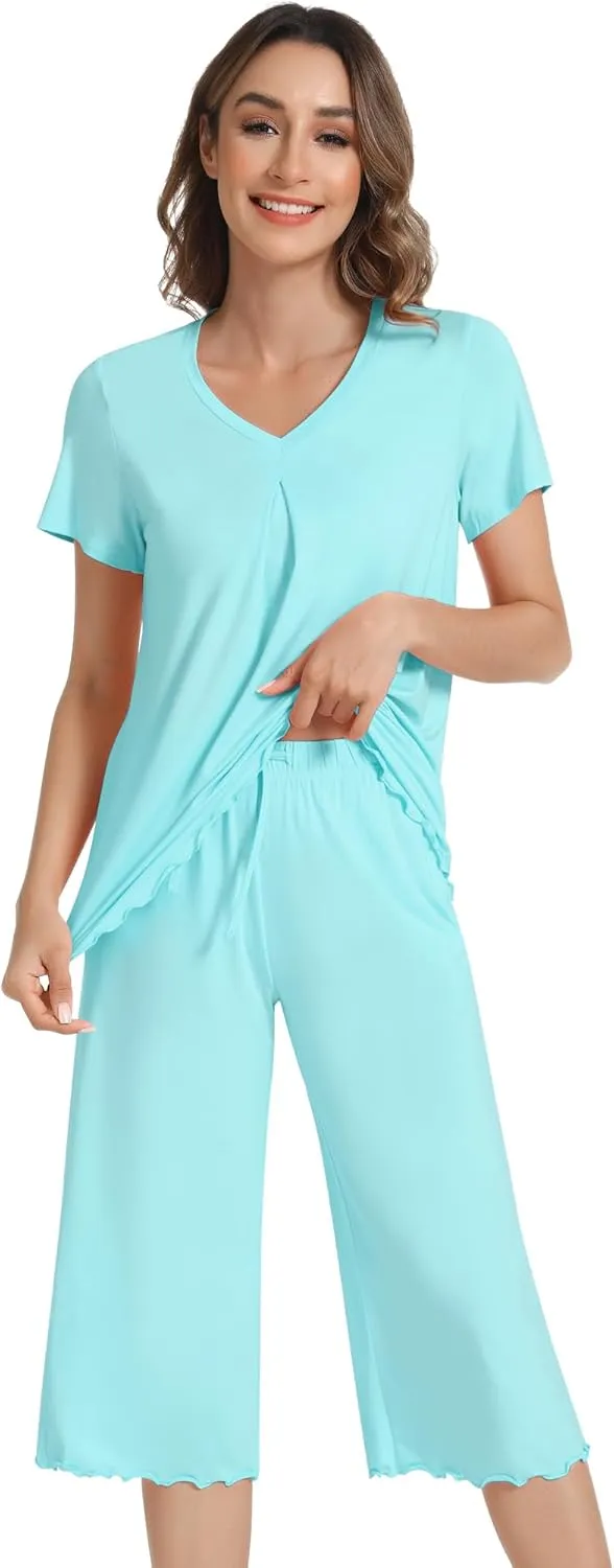 NACHILA Pajamas Set for Women-Viscose Made from Bamboo, Short Sleeve Sleepwear with Capri Pants Pajama V Neck Cool Pjs