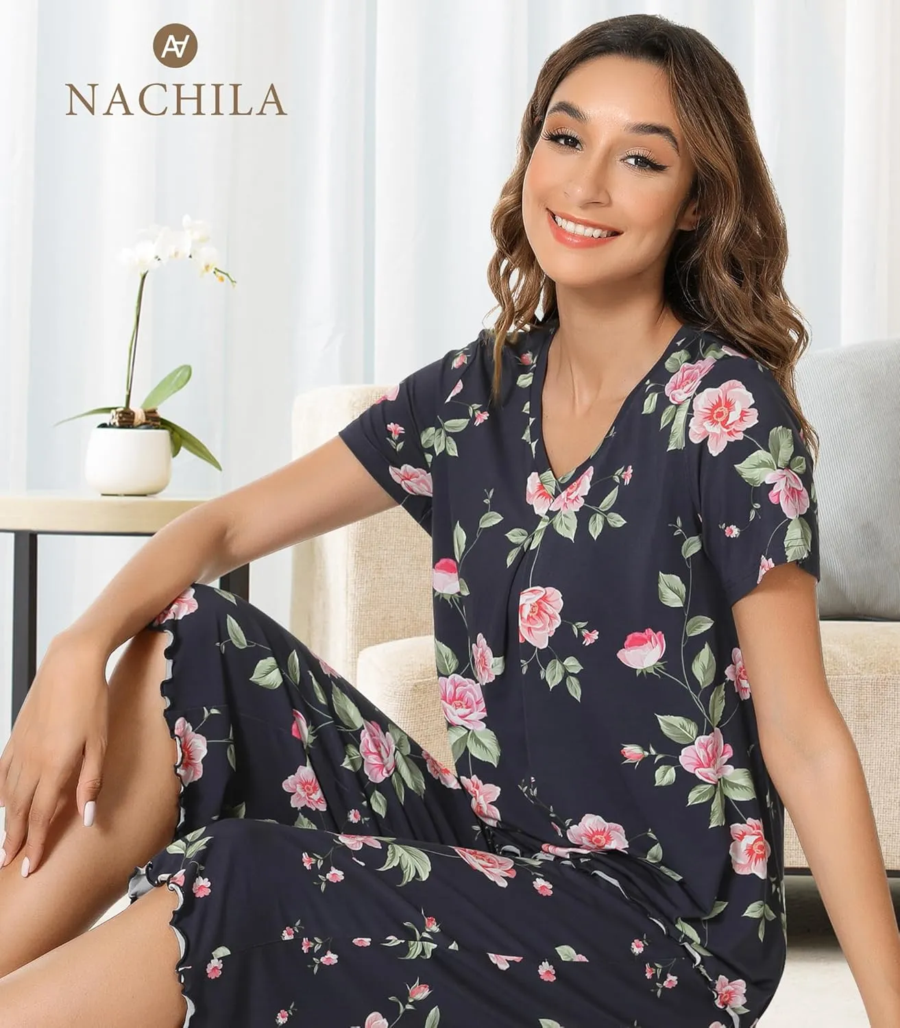 NACHILA Pajamas Set for Women-Viscose Made from Bamboo, Short Sleeve Sleepwear with Capri Pants Pajama V Neck Cool Pjs