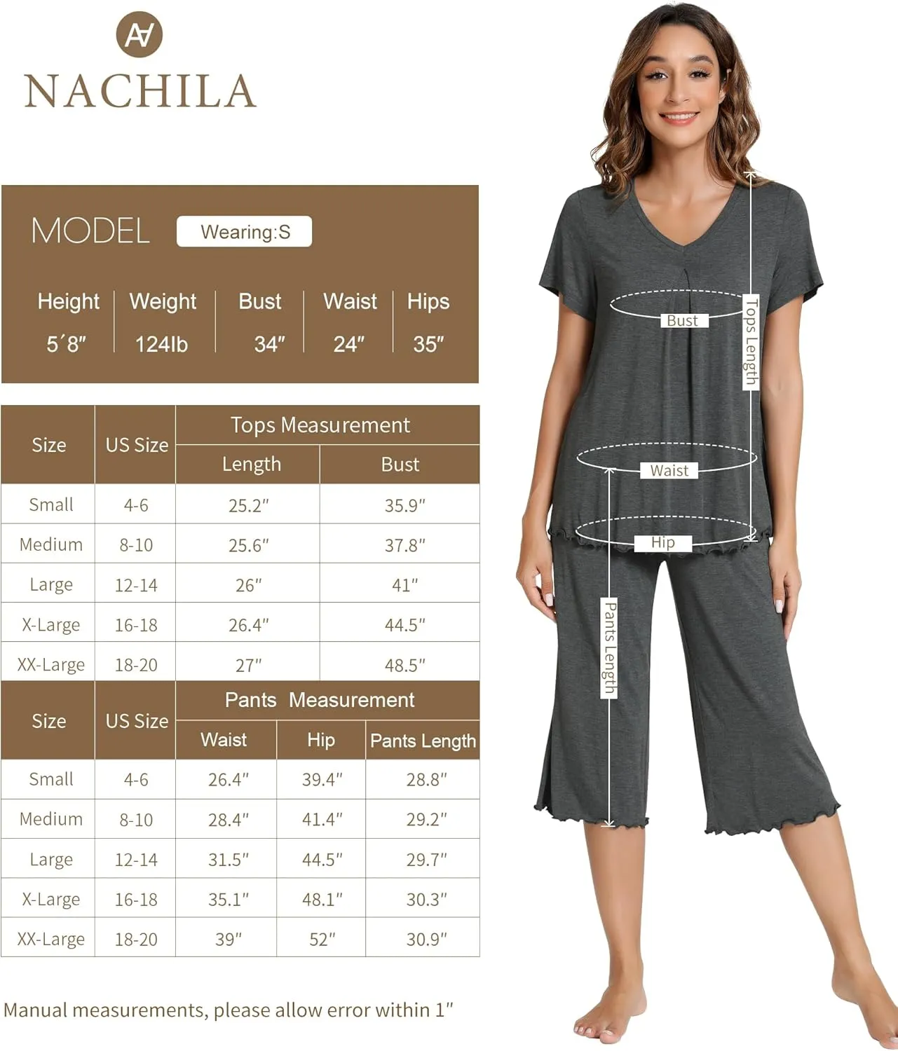 NACHILA Pajamas Set for Women-Viscose Made from Bamboo, Short Sleeve Sleepwear with Capri Pants Pajama V Neck Cool Pjs