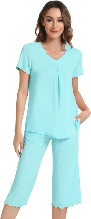 NACHILA Pajamas Set for Women-Viscose Made from Bamboo, Short Sleeve Sleepwear with Capri Pants Pajama V Neck Cool Pjs