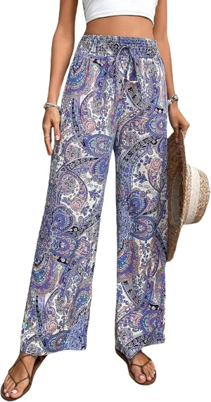 OYOANGLE Women's Boho Paisley Print High Elastic Waist Loose Wide Leg Pants Palazzo Trousers