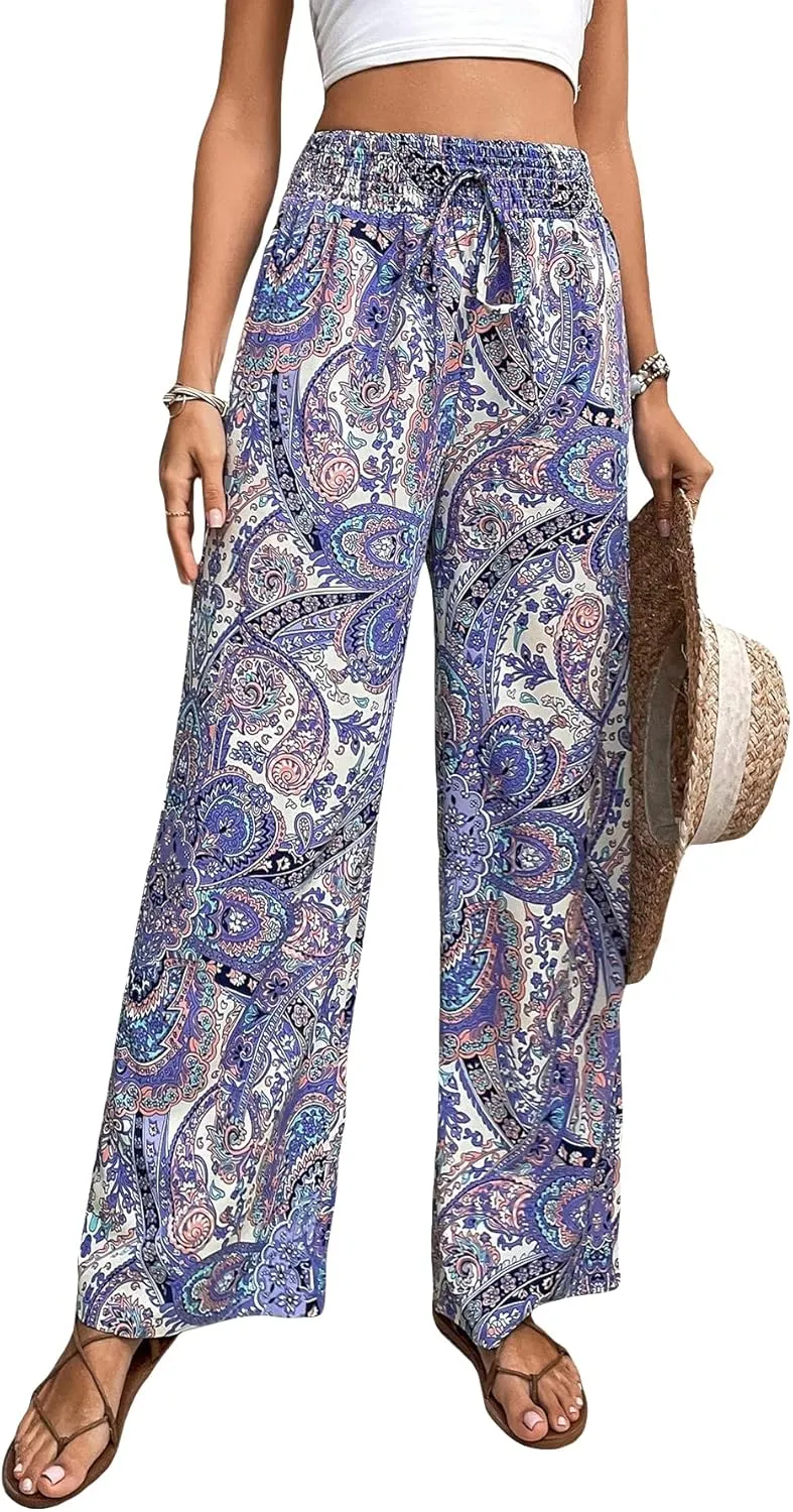 OYOANGLE Women's Boho Paisley Print High Elastic Waist Loose Wide Leg Pants Palazzo Trousers