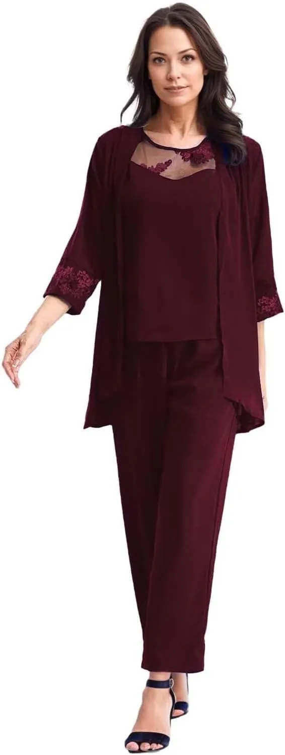 Pant Suits Mother of The Bride 3 Pieces Chiffon Formal Outfits Long Sleeve Sequin Wedding Evening Gowns