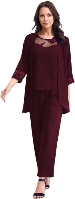 Pant Suits Mother of The Bride 3 Pieces Chiffon Formal Outfits Long Sleeve Sequin Wedding Evening Gowns