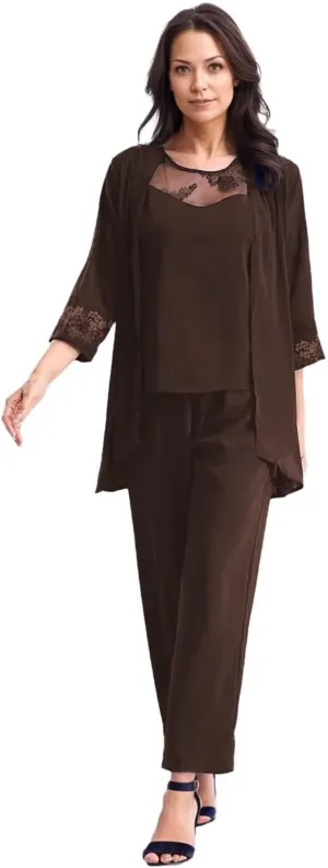 Pant Suits Mother of The Bride 3 Pieces Chiffon Formal Outfits Long Sleeve Sequin Wedding Evening Gowns
