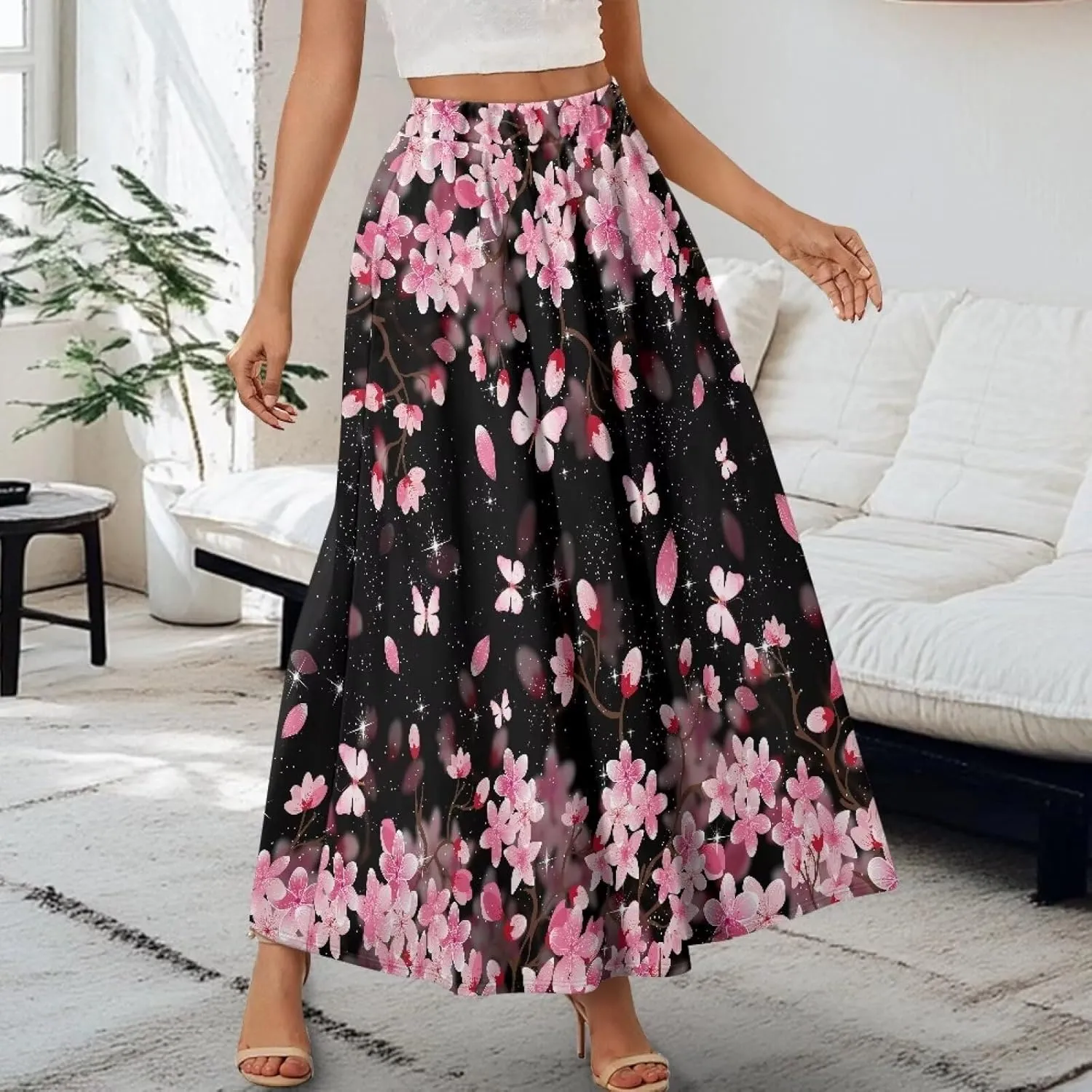 Pleated Skirt for Women Plus Size Casual High Waisted Skirt with Pockets Lightweight A-Line Long Length Skirt S-2XL