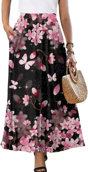 Pleated Skirt for Women Plus Size Casual High Waisted Skirt with Pockets Lightweight A-Line Long Length Skirt S-2XL